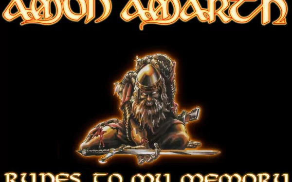 Amon Amarth desktop wallpaper featuring a fierce Viking warrior, wielding a sword, against a dramatic black background with the text Runes to My Memory.