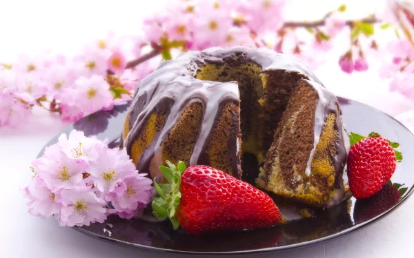A delicious cake drizzled with icing sits on a black plate, accompanied by fresh strawberries and surrounded by delicate cherry blossoms—an inviting scene for a baking-themed background.