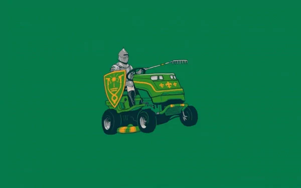 Funny, fun art 2K Quad HD PC desktop wallpaper and background: a knight in full armor riding an armored green lawnmower, shield and lance, on a solid green field.