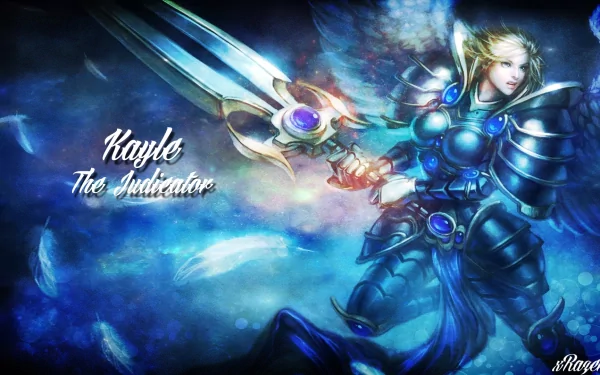 HD PC desktop wallpaper featuring Kayle (League of Legends), armored angelic champion from the video game League of Legends, raising a glowing sword in a blue cosmic backdrop.