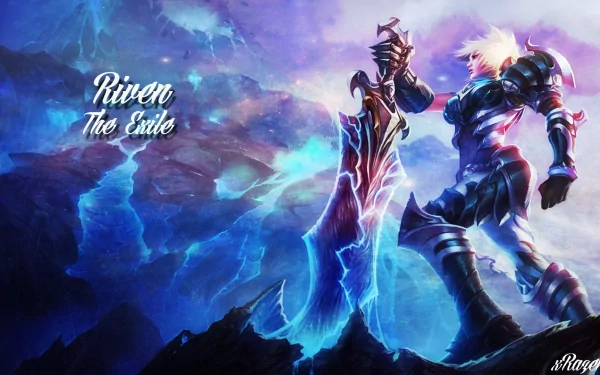 HD desktop wallpaper of Riven from the video game League of Legends, featuring her with a large broken sword against a dark, mountainous background. The text Riven The Exile is displayed prominently.
