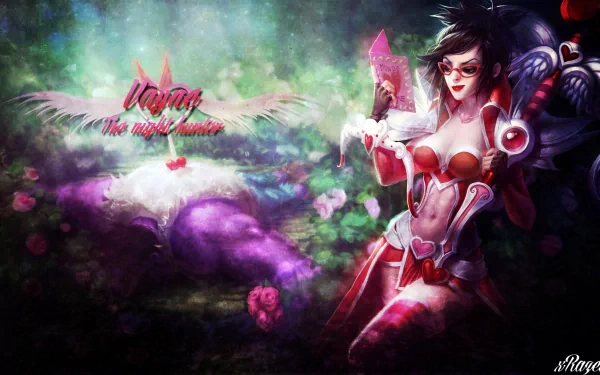 HD PC desktop wallpaper featuring Vayne, the Night Hunter, from the video game League of Legends in a dynamic and colorful fantasy setting.