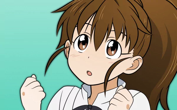 HD PC desktop wallpaper featuring an anime character from Working!! with expressive eyes and a determined pose against a teal background.