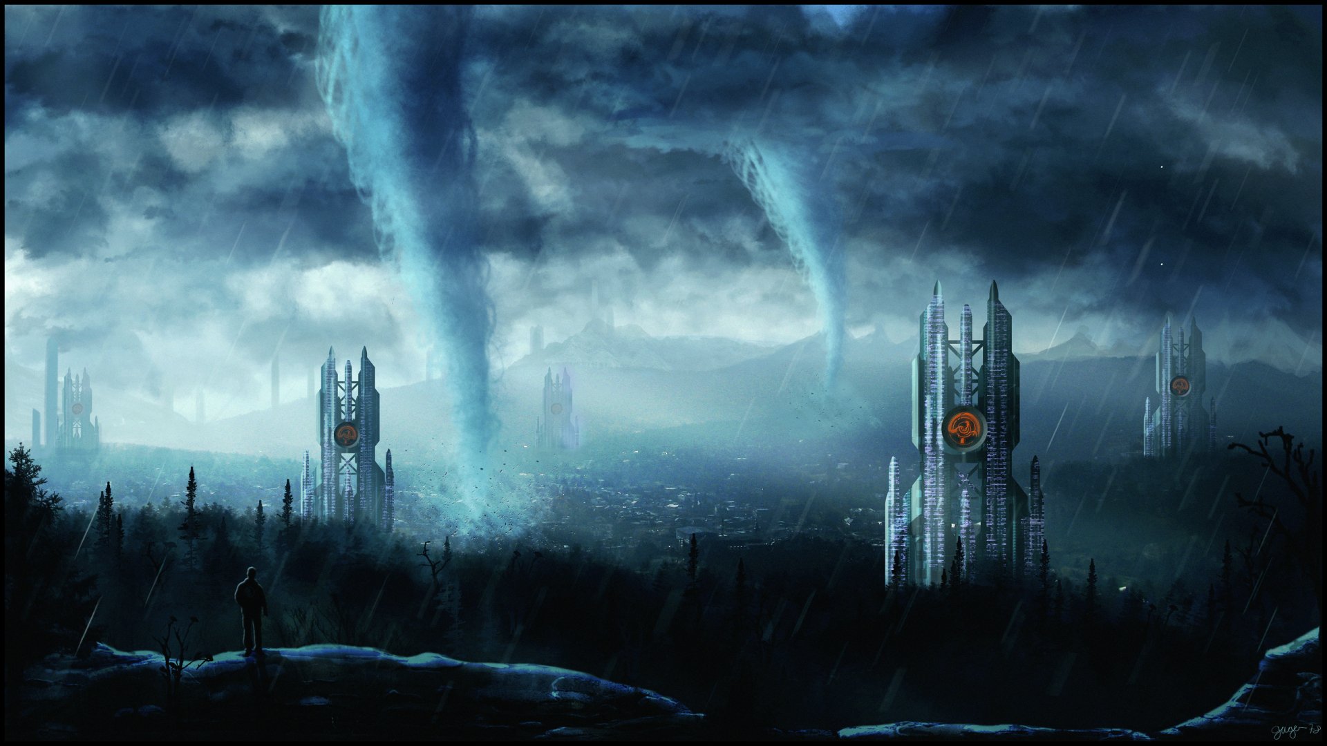 A dramatic sci-fi cityscape under turbulent skies, featuring towering structures and swirling storms, creating a captivating HD PC desktop wallpaper and background.