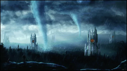 A dramatic sci-fi cityscape under turbulent skies, featuring towering structures and swirling storms, creating a captivating HD PC desktop wallpaper and background.