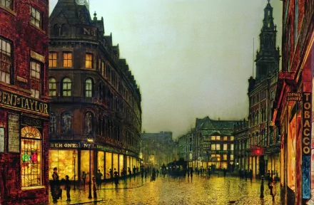 A detailed, artistic painting of a bustling city street at dusk, featuring elegant buildings and lively figures, making it a captivating HD desktop wallpaper.