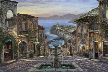 A captivating artistic painting of a coastal village, featuring charming architecture and a tranquil fountain, set against a serene backdrop of mountains and the sea. HD desktop wallpaper.