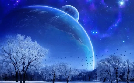 HD Sci-Fi desktop wallpaper featuring a stunning cosmic scene of a planet rising over a snowy landscape with trees and a star-filled night sky in the background.