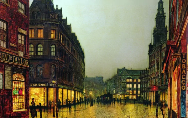 A detailed, artistic painting of a bustling city street at dusk, featuring elegant buildings and lively figures, making it a captivating HD desktop wallpaper.