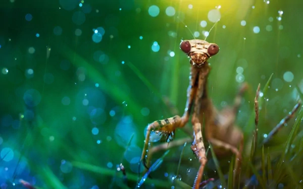 Macro HD desktop wallpaper: close-up of a praying mantis in dewy grass with glistening water drops and soft bokeh, intimate animal portrait.
