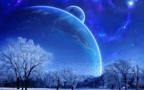 HD Sci-Fi desktop wallpaper featuring a stunning cosmic scene of a planet rising over a snowy landscape with trees and a star-filled night sky in the background.