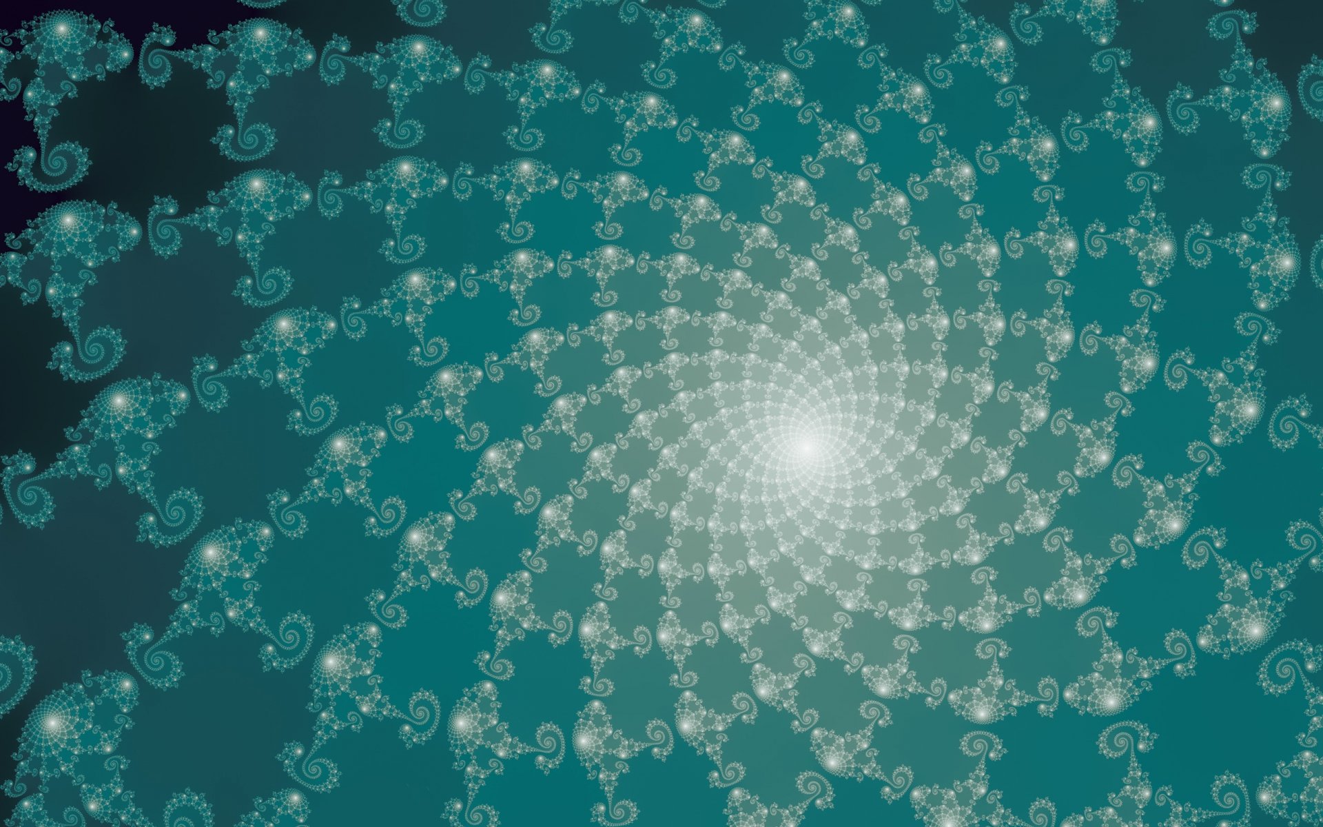 Abstract teal fractal spiral with a glowing center and repeating ornamental curls — 2K Quad HD PC desktop wallpaper and background.
