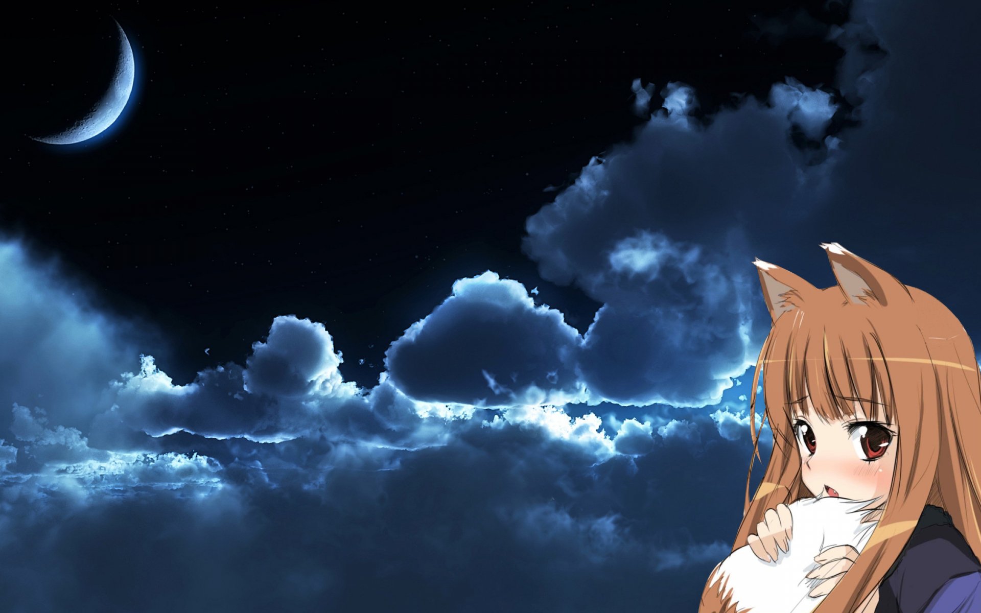 A serene HD wallpaper featuring Holo from Spice and Wolf, set against a night sky with a crescent moon and soft clouds, embodying a romantic and whimsical atmosphere.
