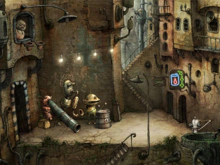 HD PC desktop wallpaper/background: cartoon scene from the video game Machinarium — a rusty steampunk alley with quirky robots, pipes, hanging lights and weathered buildings.