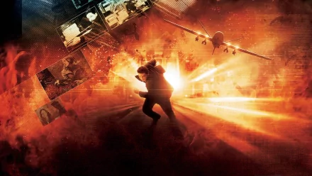 HD desktop wallpaper of a dynamic montage with an intense action scene featuring a person in motion, surrounded by high-tech surveillance and fiery explosions. Tagged with Eagle Eye.