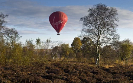 HD desktop wallpaper showing a red hot air balloon floating over a scenic, grassy landscape dotted with trees under a partly cloudy sky.