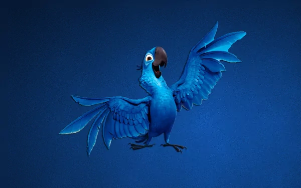 HD PC desktop wallpaper featuring Blu, the blue macaw from the movie Rio, set against a blue background.