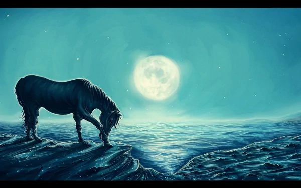 A serene HD desktop wallpaper featuring a horse by the ocean under a luminous moon, creating a tranquil and captivating scene.