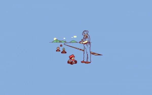 Funny, fun art HD PC desktop wallpaper featuring a tiny Mario kart race with a towering mechanic inspecting the racers against a simple blue background.