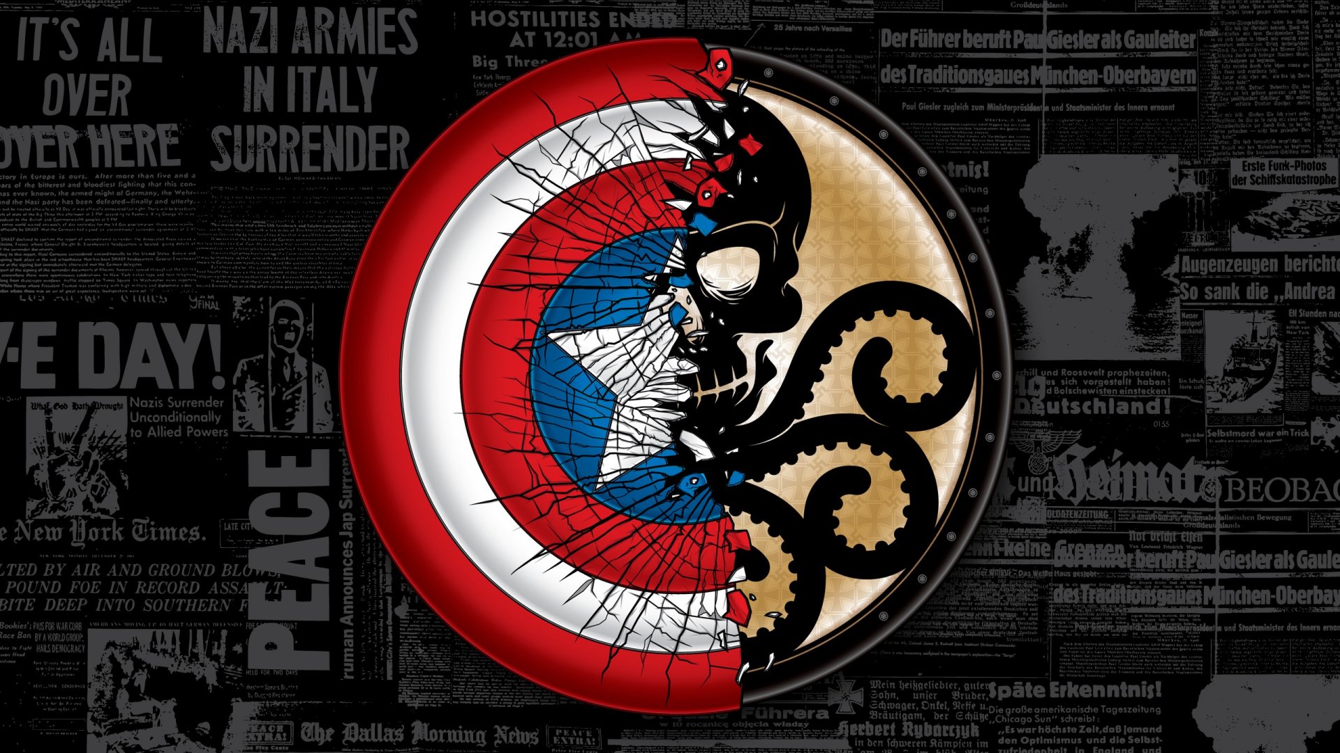 A striking HD desktop wallpaper featuring Captain America's shield, intertwined with an octopus and a cracked design, set against a backdrop of historical newspaper clippings.