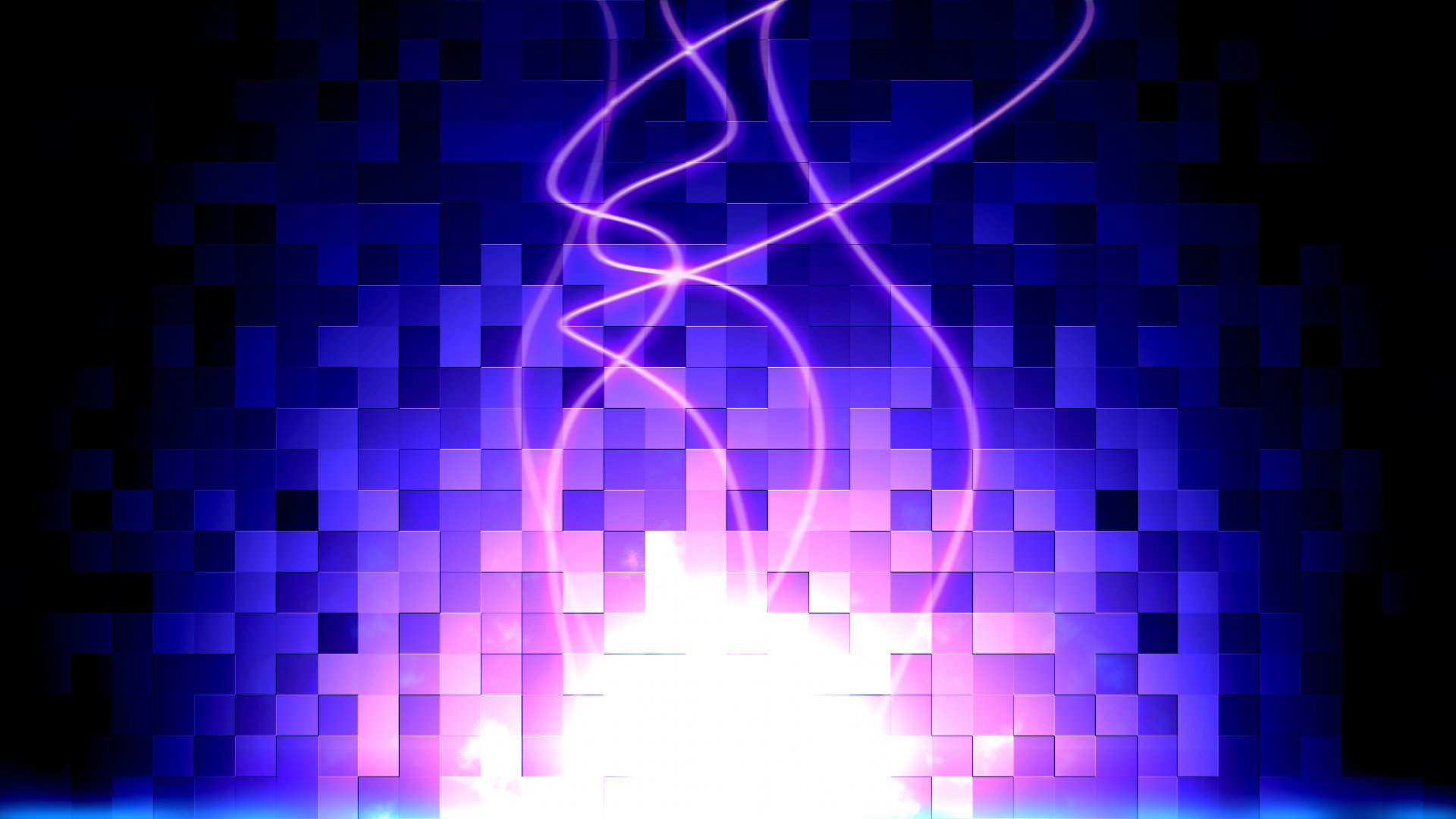 Abstract HD PC desktop wallpaper featuring glowing purple gems and intertwining light trails over a square patterned background, creating a vibrant artistic effect.