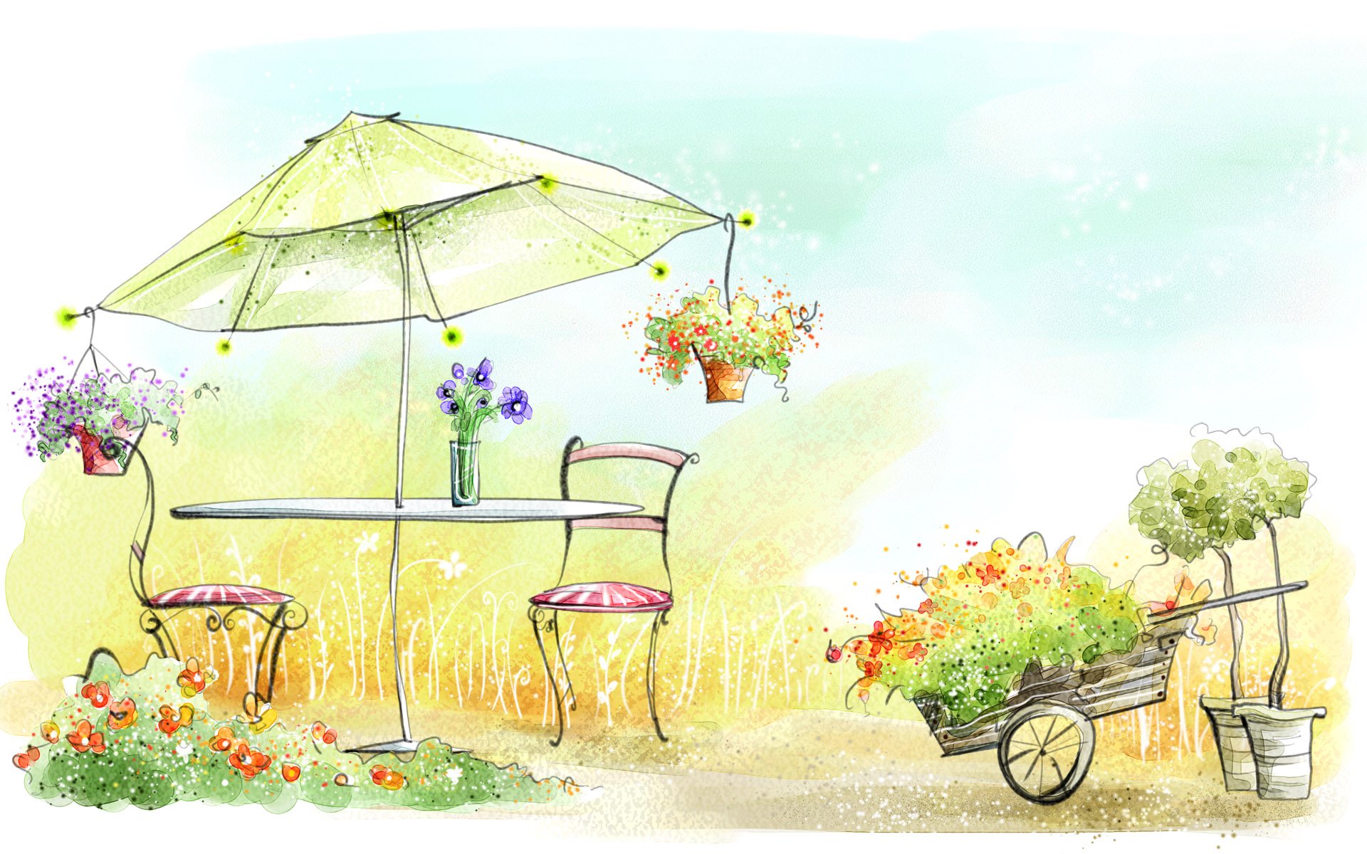 A whimsical painting depicting a garden scene with a table and chairs under a green umbrella, surrounded by blooming flowers and a cart filled with plants, serving as an artistic HD desktop wallpaper.