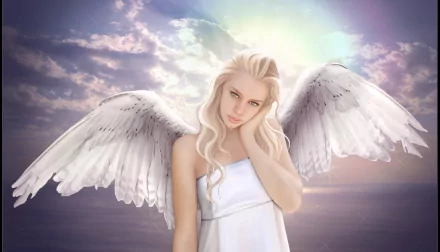 HD fantasy desktop wallpaper depicting an ethereal angel with white wings, standing in front of a dreamy sky with soft clouds and radiant light.