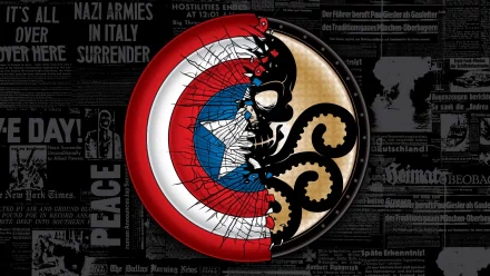 A striking HD desktop wallpaper featuring Captain America's shield, intertwined with an octopus and a cracked design, set against a backdrop of historical newspaper clippings.