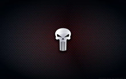 HD PC desktop wallpaper/background: Comic Punisher skull logo centered on a dark perforated metallic surface with a subtle red glow.