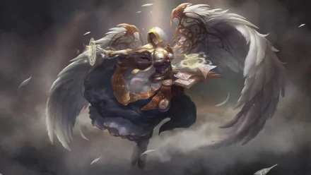 HD desktop wallpaper featuring a fantasy angel from World of Warcraft, clad in armor with radiant wings, holding a staff and an open book amidst swirling clouds.