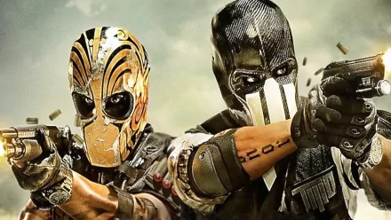 High-definition wallpaper featuring characters from the video game Army of Two: The Devil's Cartel, showcasing two masked figures aiming their weapons in an action-packed scene.