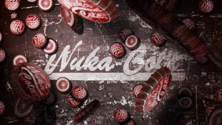 A textured HD wallpaper featuring scattered Nuka Cola caps against a distressed surface, capturing the essence of the Fallout video game universe.