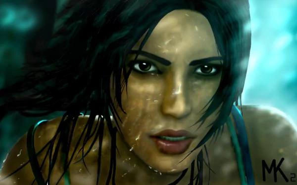 A close-up of a determined female character from the video game Tomb Raider, set against a misty blue background, showcasing intricate detail and HD quality.