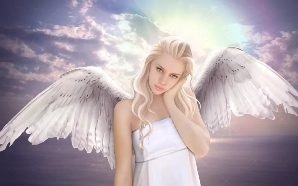 HD fantasy desktop wallpaper depicting an ethereal angel with white wings, standing in front of a dreamy sky with soft clouds and radiant light.