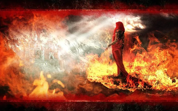 HD PC desktop wallpaper featuring a fiery scene from the video game Diablo III, showcasing a hooded figure surrounded by flames and a dark, ominous atmosphere.