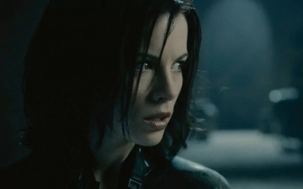 HD PC desktop wallpaper featuring a close-up of a character from the movie Underworld: Evolution in a dark, moody setting.