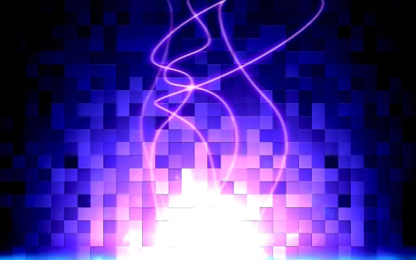 Abstract HD PC desktop wallpaper featuring glowing purple gems and intertwining light trails over a square patterned background, creating a vibrant artistic effect.