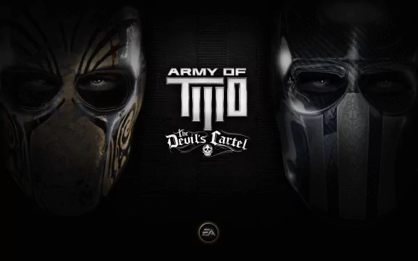 HD desktop wallpaper featuring characters from the video game Army of Two: The Devil's Cartel, showcasing their intense masked faces against a dark background.