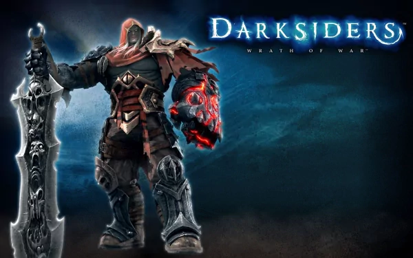 HD PC desktop wallpaper featuring a dark, armored warrior from the video game Darksiders: Wrath of War against a stormy blue background.
