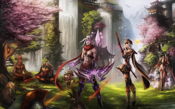 A vibrant 4K Ultra HD wallpaper featuring Varus and Ashe from League of Legends, set against a lush, fantasy landscape with cherry blossoms and cascading waterfalls.
