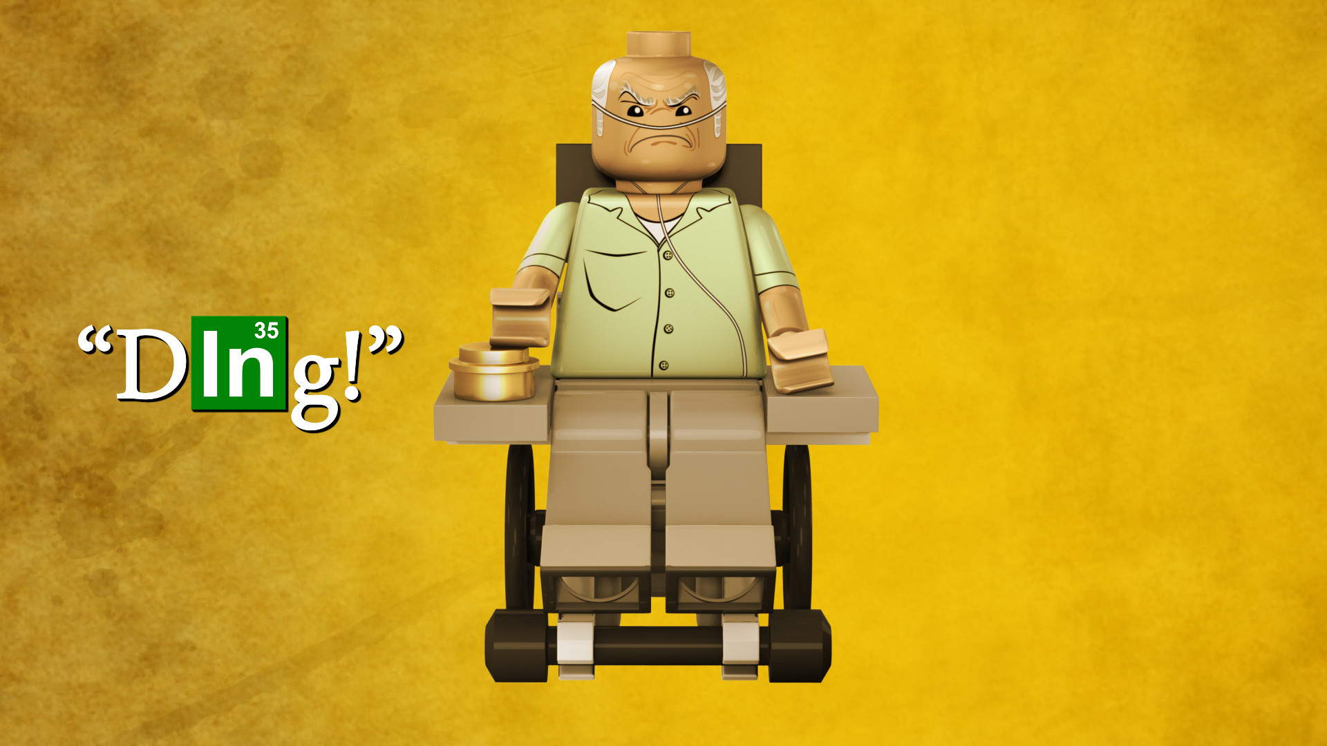 HD wallpaper featuring a LEGO figure resembling a Breaking Bad character in a wheelchair with the quote Ding on a yellow background.