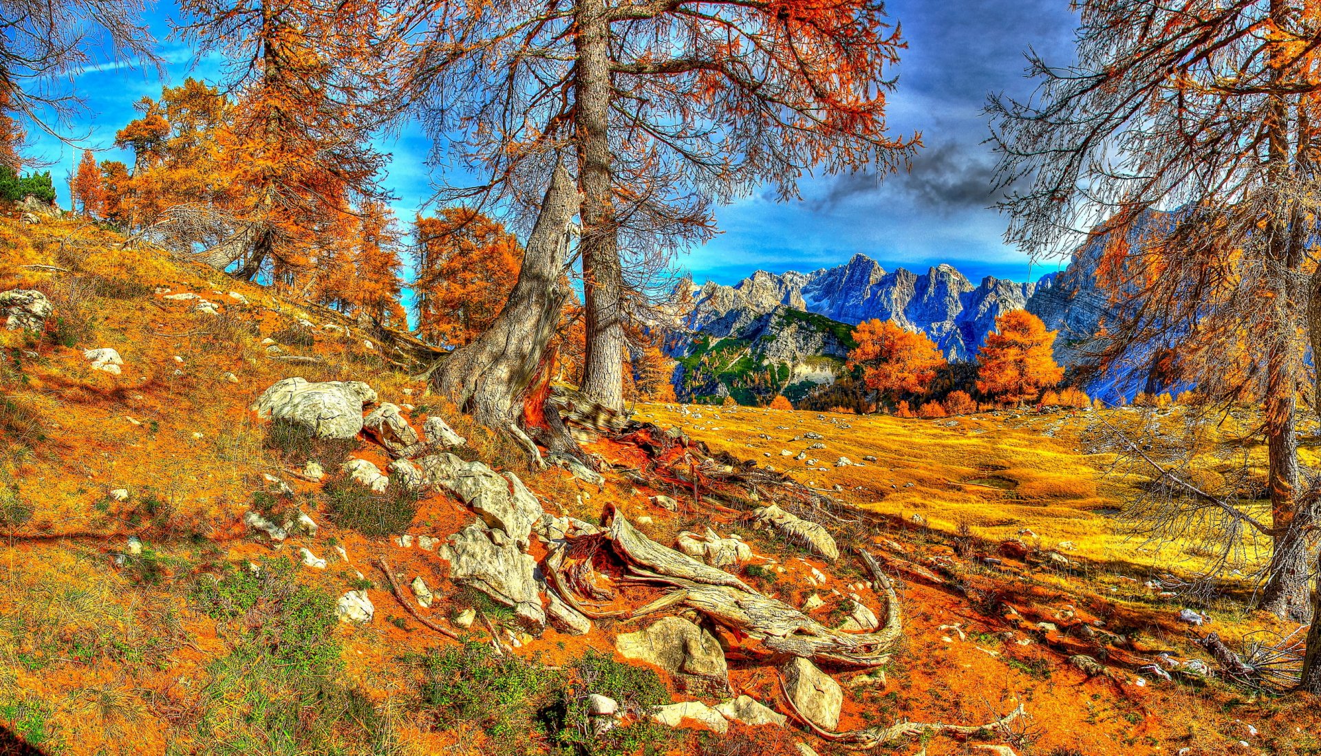 HD PC desktop wallpaper capturing vibrant fall nature with colorful autumn trees, rocky terrain, and distant mountain peaks under a bright blue sky.