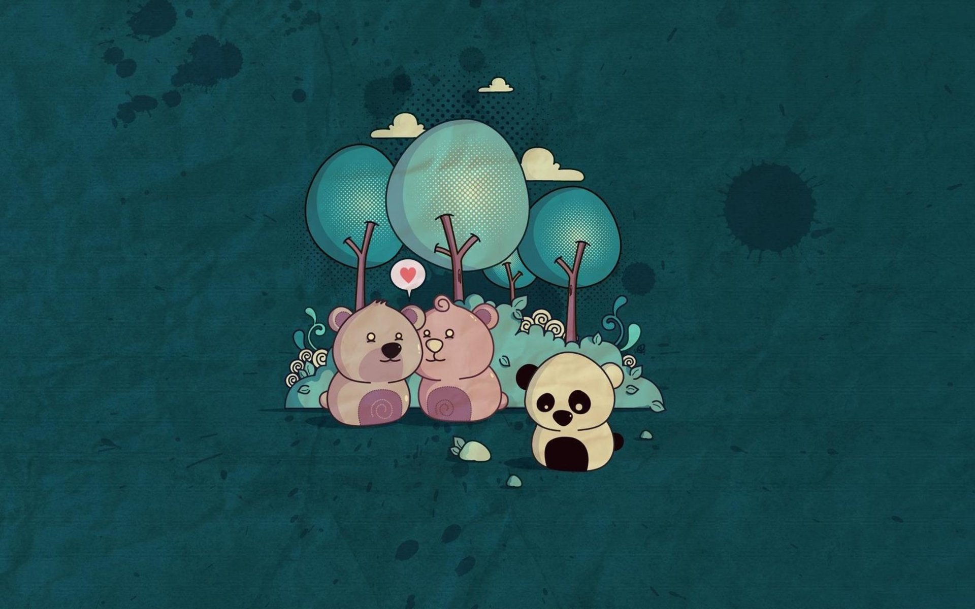 Artistic HD desktop wallpaper featuring a cute illustration of two bears sitting under stylized trees with a panda nearby on a textured dark teal background.
