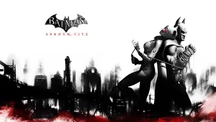HD PC desktop wallpaper featuring Batman and Catwoman in a dark Gotham City skyline, themed around the video game Batman: Arkham City.