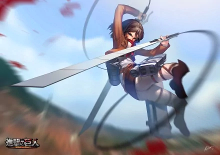HD wallpaper featuring Mikasa Ackerman from Attack on Titan in an action pose with a sword, set against a dynamic background.