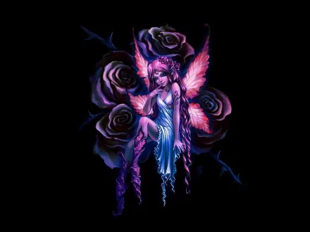 HD fantasy wallpaper featuring a fairy with glowing wings, sitting amidst dark roses. The intricate design creates a striking and enchanting background.