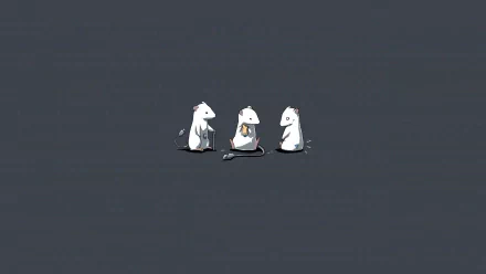 A minimalist artistic HD desktop wallpaper featuring three stylized white mice in a simple, subdued background, creating a calm and inviting atmosphere.