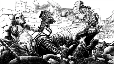 A dynamic HD wallpaper from *Army of Two: The Devil's Cartel*, featuring two masked characters in an intense action scene amidst rubble and chaos.