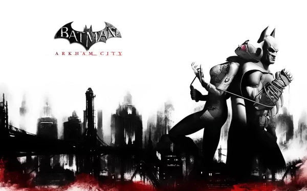 HD PC desktop wallpaper featuring Batman and Catwoman in a dark Gotham City skyline, themed around the video game Batman: Arkham City.