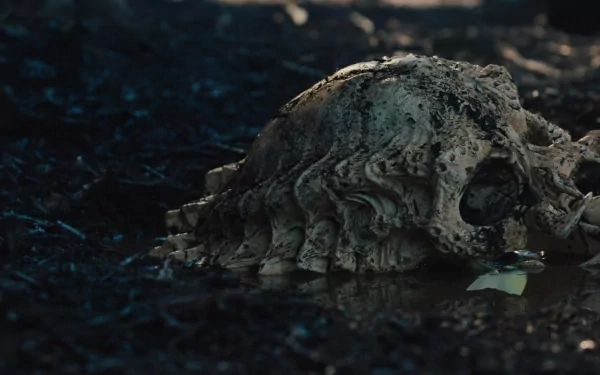 HD PC desktop wallpaper/background - scene from the movie Predators: a weathered skull half-buried on a dark forest floor, moody lighting and eerie atmosphere.